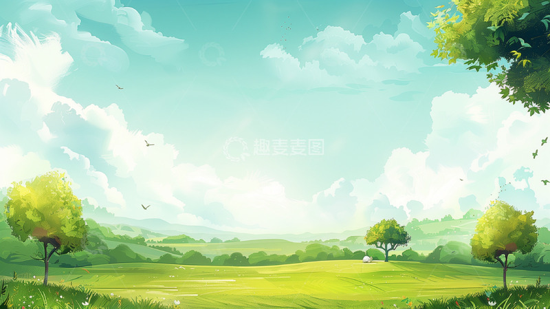 高清大图下载【趣麦麦图】小清新夏天唯美天空蓝天白云草地插画