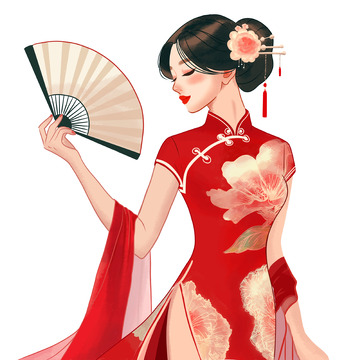 国潮插画穿红色旗袍的女人