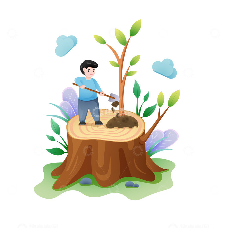 源文件下载【趣麦麦图】年轮植树人物场景植树节儿童种树