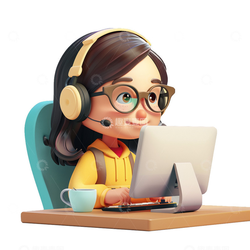 高清大图下载【趣麦麦图】坐在电脑前带着眼镜和耳机的女孩