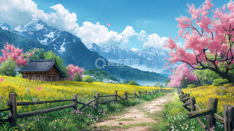 高清大图下载【趣麦麦图】春天田园手绘背景