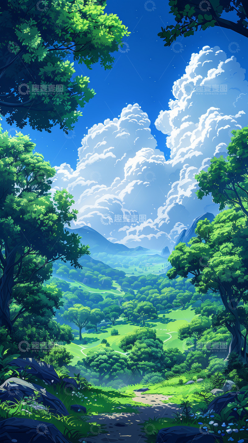 高清大图下载【趣麦麦图】手绘春天户外草坪草地野营风景大自然插画