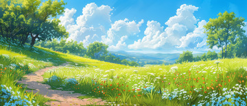 小清新蓝天白云草地插画背景