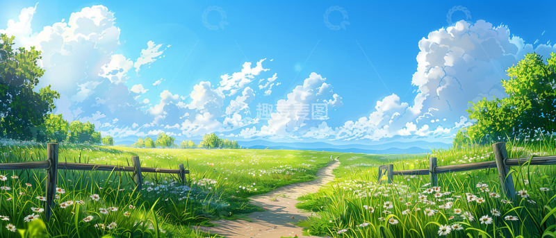 高清大图下载【趣麦麦图】绿色春天白云花草户外插画背景