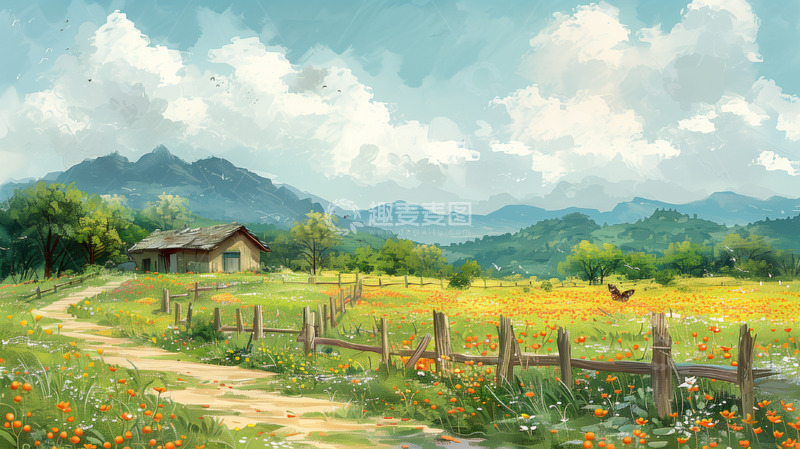 高清大图下载【趣麦麦图】手绘田园风景背景
