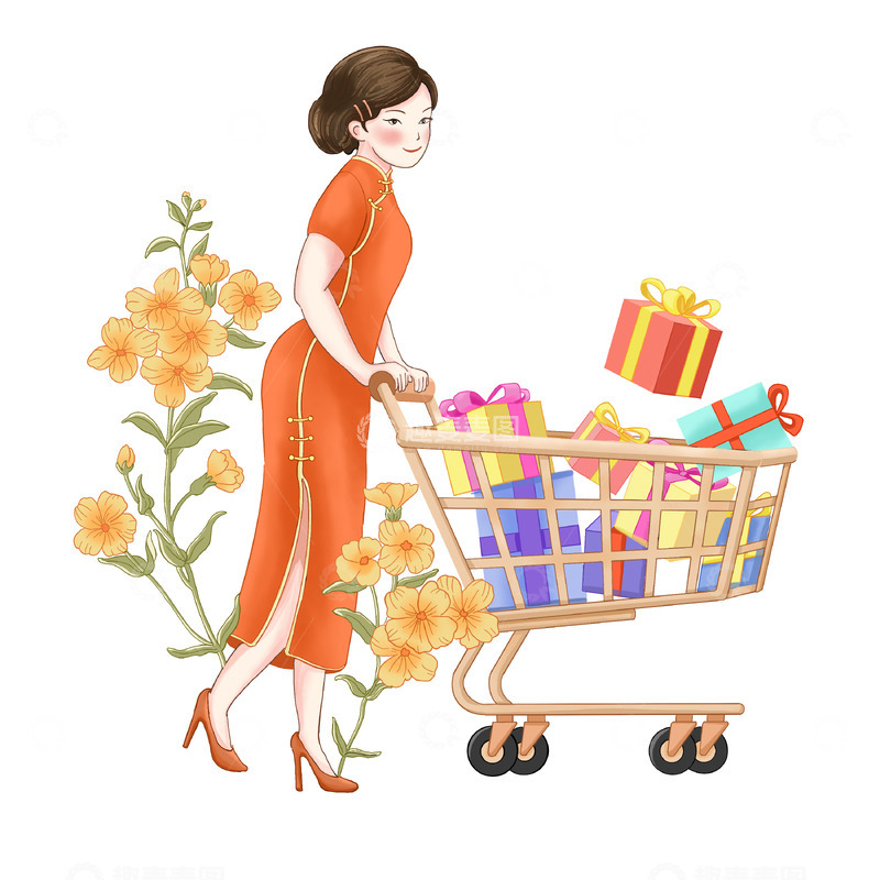 源文件下载【趣麦麦图】女神节妇女节购物车旗袍女人礼物花