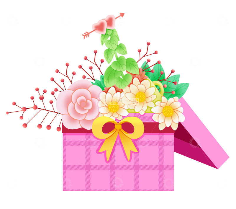 源文件下载【趣麦麦图】礼盒鲜花 礼物树叶雏菊爱心
