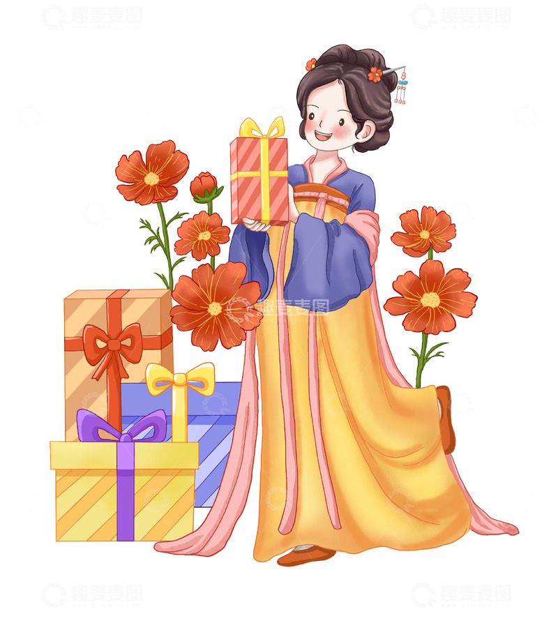 源文件下载【趣麦麦图】妇女节女神节唐朝女人礼物盒花