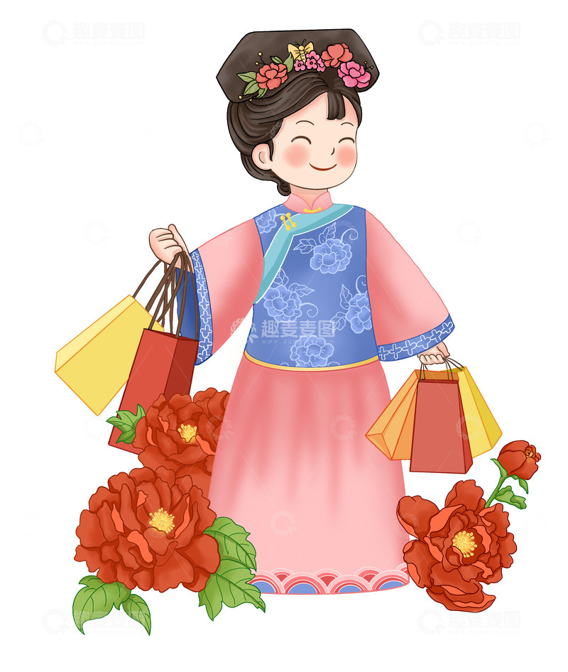 源文件下载【趣麦麦图】妇女节女神节国潮旗装古人女人购物牡丹