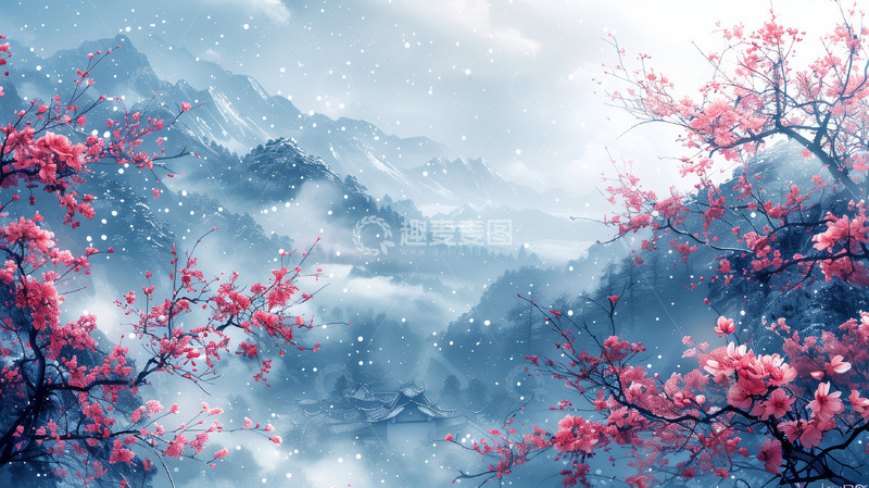 高清大图下载【趣麦麦图】水墨画樱花中国风背景