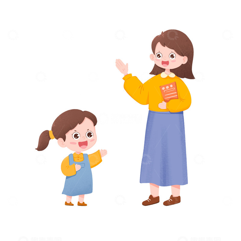 源文件下载【趣麦麦图】卡通手绘小女孩和老师打招呼免抠元素