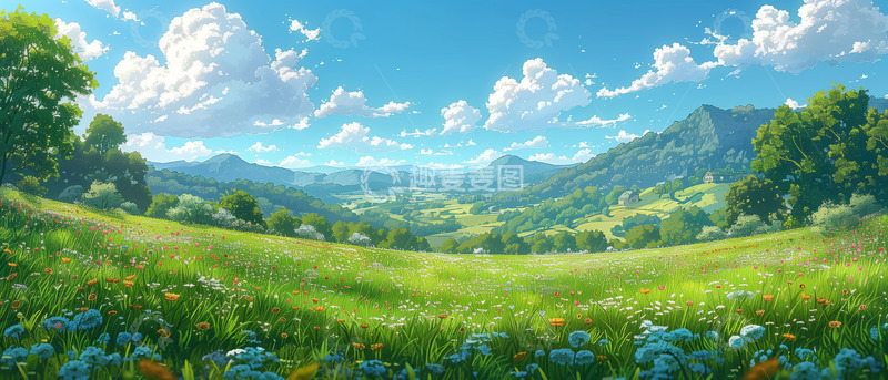高清大图下载【趣麦麦图】户外风景草地蓝天白云背景