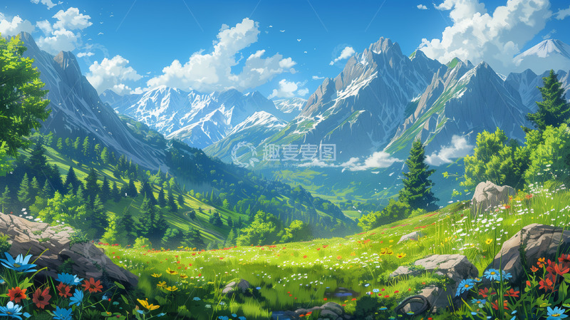 高清大图下载【趣麦麦图】小清新风景草地蓝天白云户外海报背景