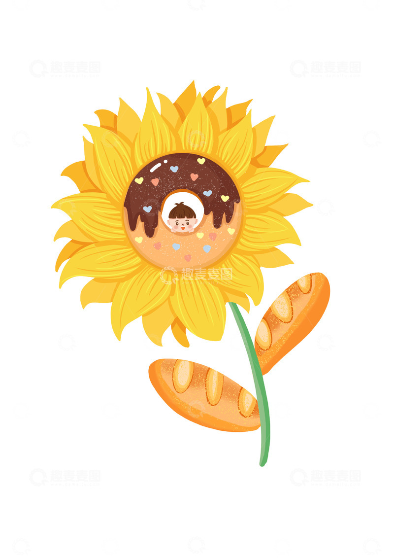 源文件下载【趣麦麦图】面包甜甜圈向日葵创意插画