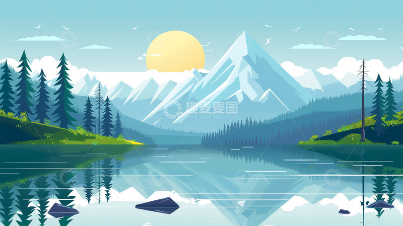 高清大图下载【趣麦麦图】简约雪山插画扁平背景