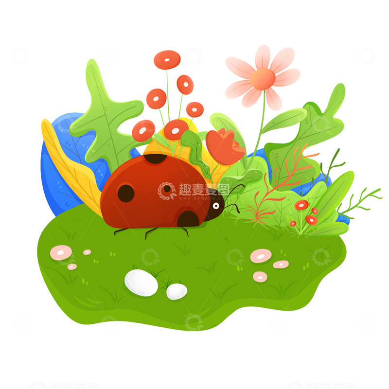 源文件下载【趣麦麦图】惊蛰节气七星瓢虫植物花草插画素材
