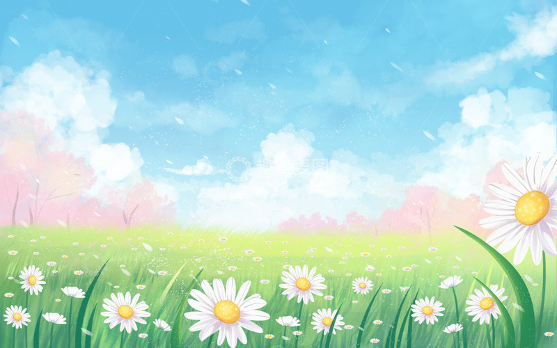 春天夏天治愈美景清新天空蓝天云草地花风景
