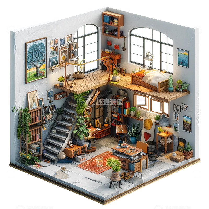 高清大图下载【趣麦麦图】3D等距建模书房工作元素