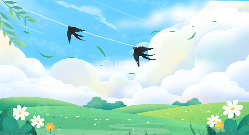 源文件下载【趣麦麦图】绿色文艺小清新春季花草草坪春游背景插画