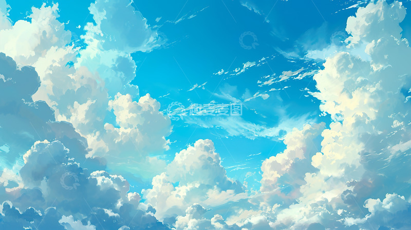 高清大图下载【趣麦麦图】蓝色唯美天空云彩云朵插画背景