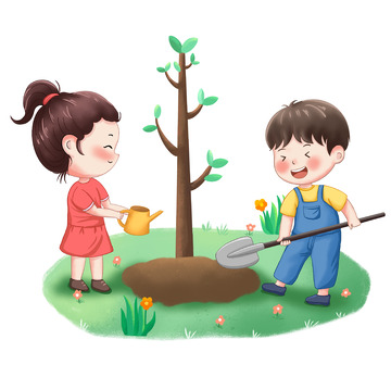 植树节儿童种树小孩浇水挖泥