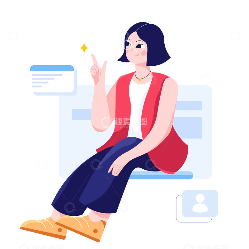 源文件下载【趣麦麦图】扁平风坐着的戴眼镜女孩人物插画素材