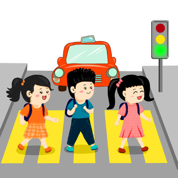 学生安全过马路红绿灯斑马线
