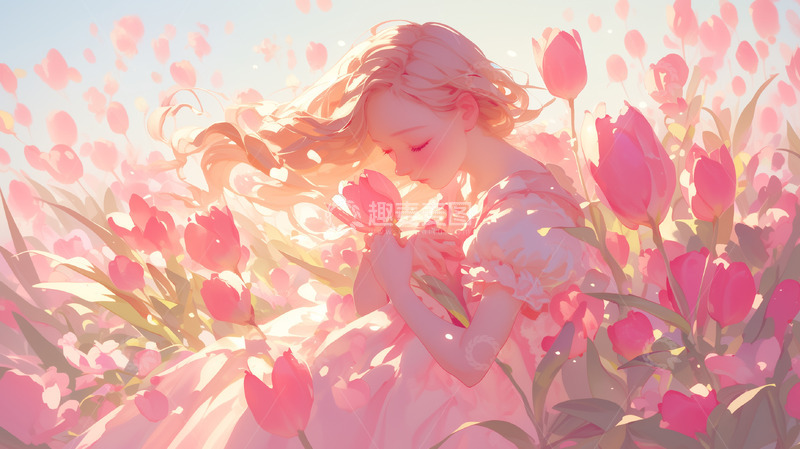 高清大图下载【趣麦麦图】妇女节抱鲜花女神插画