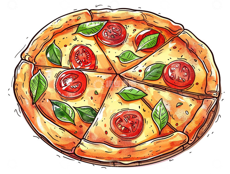 高清大图下载【趣麦麦图】手绘披萨美食卡通插画