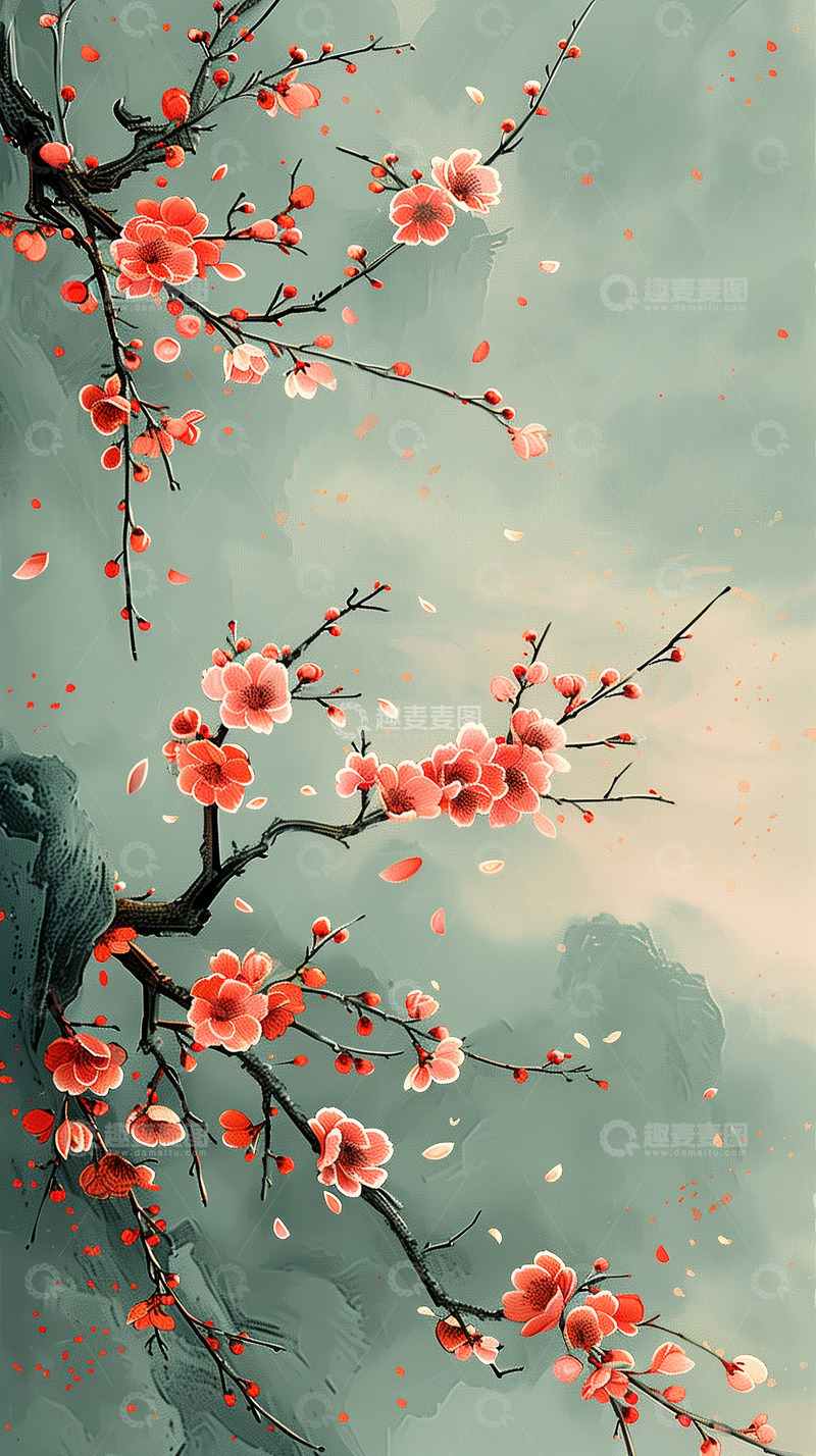 高清大图下载【趣麦麦图】水墨画樱花和山水画背景