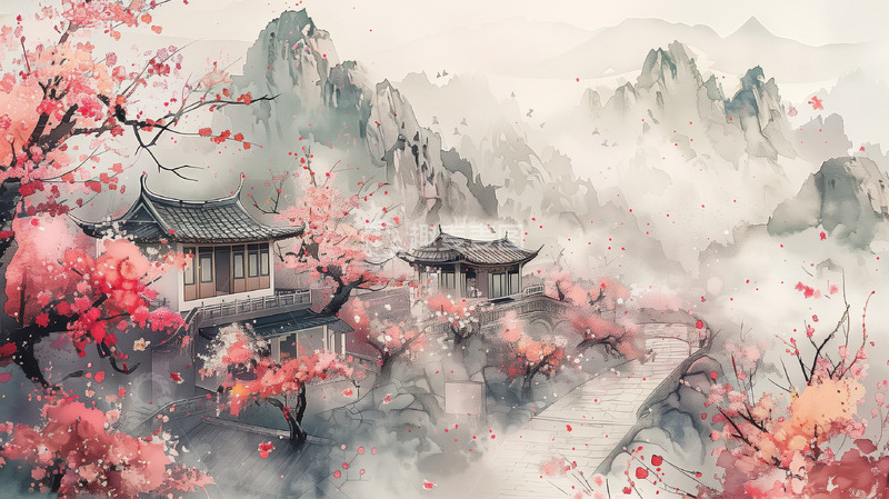 高清大图下载【趣麦麦图】水墨山水村庄背景