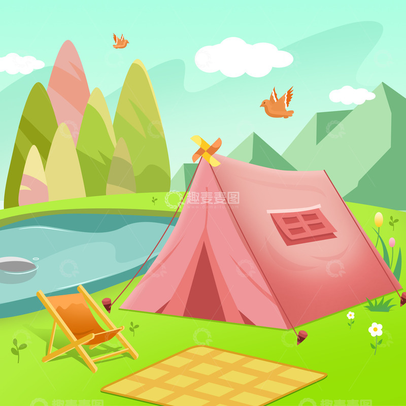 源文件下载【趣麦麦图】春天野外露营帐篷山水