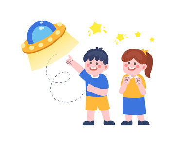 卡通简约看飞船的小孩子们