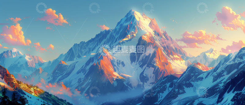高清大图下载【趣麦麦图】唯美雪山日照金山海报背景图