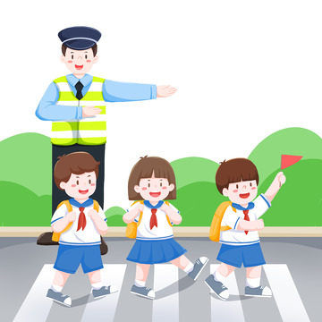 交警指挥学生安全过马路插画