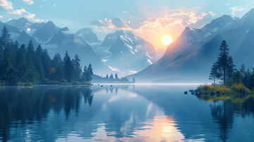 雪山风景插画水墨画