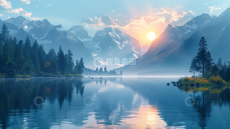 高清大图下载【趣麦麦图】雪山风景插画水墨画