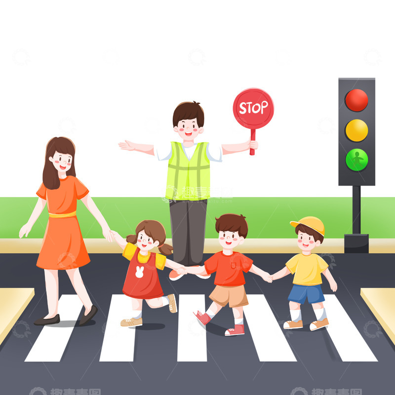 源文件下载【趣麦麦图】志愿者指挥老师带领同学安全过马路插画