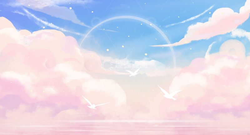 唯美浪漫粉红色天空白云夕阳装饰插画背景