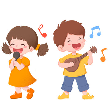 卡通手绘两个小朋友演奏音乐免抠元素