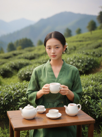 在野外品茶的少女