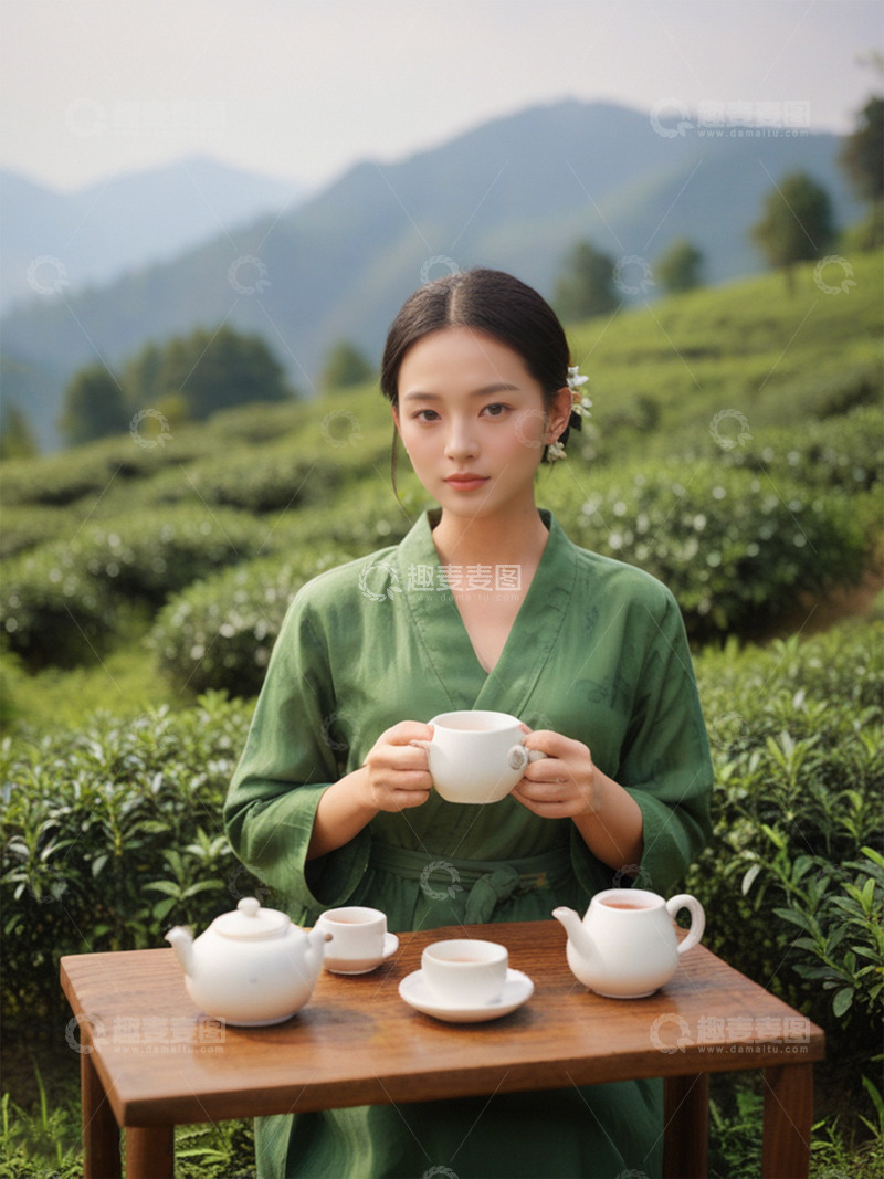 源文件下载【趣麦麦图】在野外品茶的少女