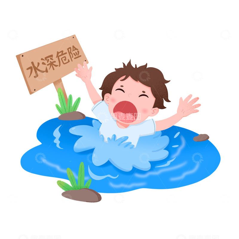 卡通手绘男孩溺水在水中大声呼救免抠元素