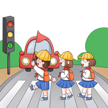 学生走斑马线安全过马路插画