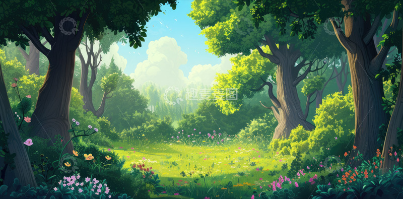 高清大图下载【趣麦麦图】-春季丛林树林卡通手绘