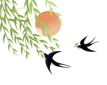 春天柳树燕子腾云落日