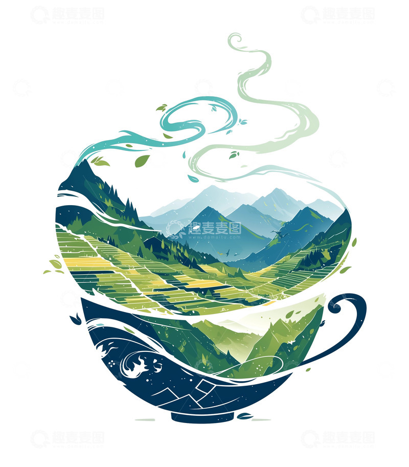 高清大图下载【趣麦麦图】茶杯插画烟雾意境