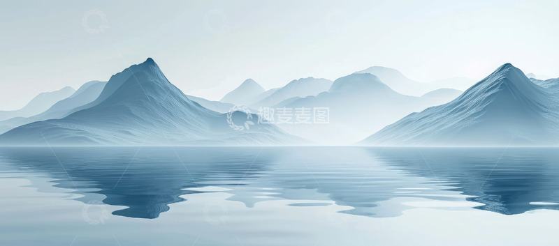 高清大图下载【趣麦麦图】手绘蓝色意境中国风水墨画山水海报背景