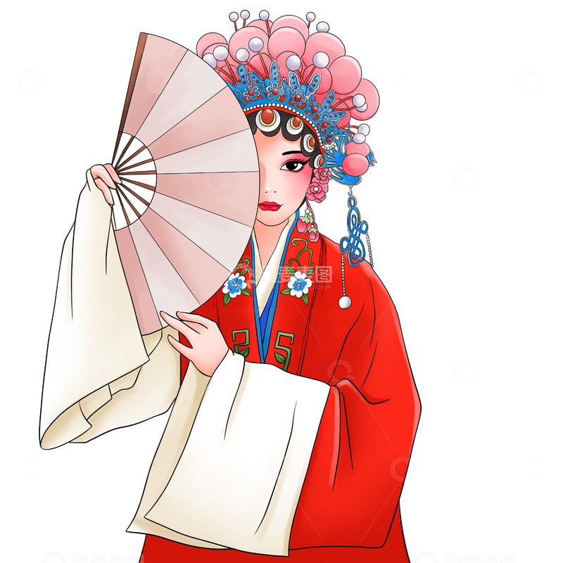 源文件下载【趣麦麦图】拿扇子遮面喜剧京剧人物花旦插画