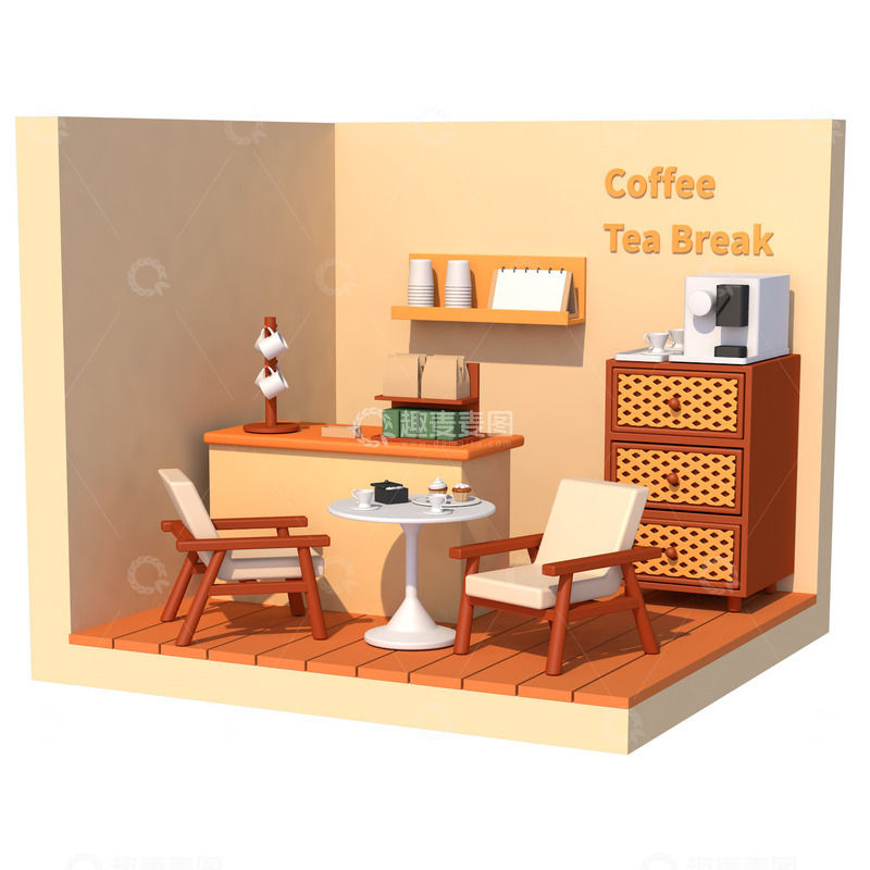 源文件下载【趣麦麦图】3D立体卡通咖啡厅模型